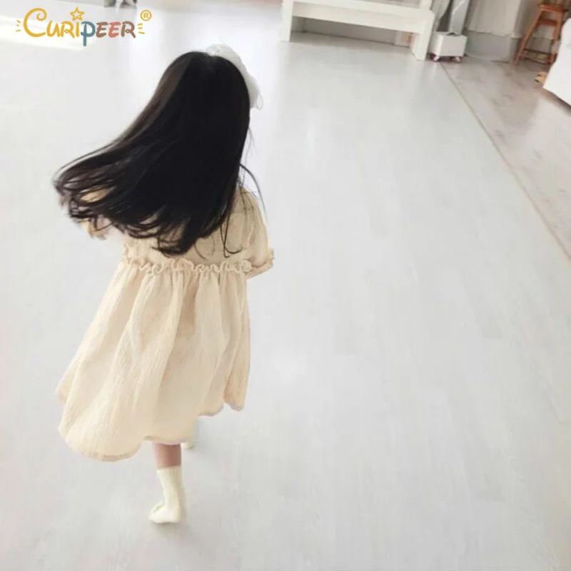 Curipeer 2019 Spring Kids Girl Dresses Linen Loose Beige Princess Dress Long Lantern Sleeve Korean Country Style Ruffles | Детская