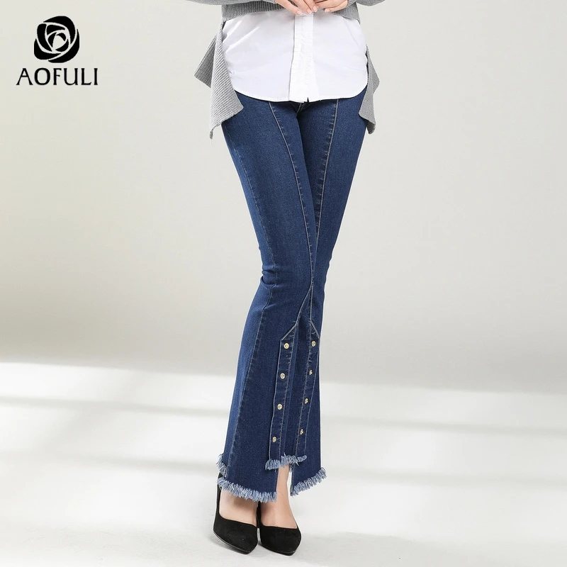 AOFULI стильные Асимметричные женские джинсы полной длины джинсовые брюки на