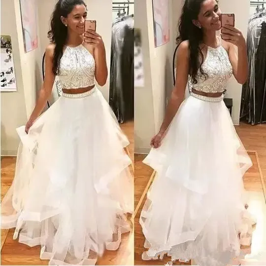 Белое платье для выпускного вечера из двух частей 2020 длинное Тюлевое с