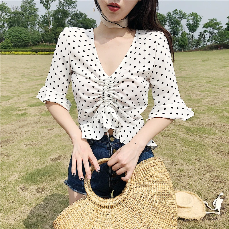 Женская рубашка в горошек стиле Харадзюку шифоновая с v образным вырезом и