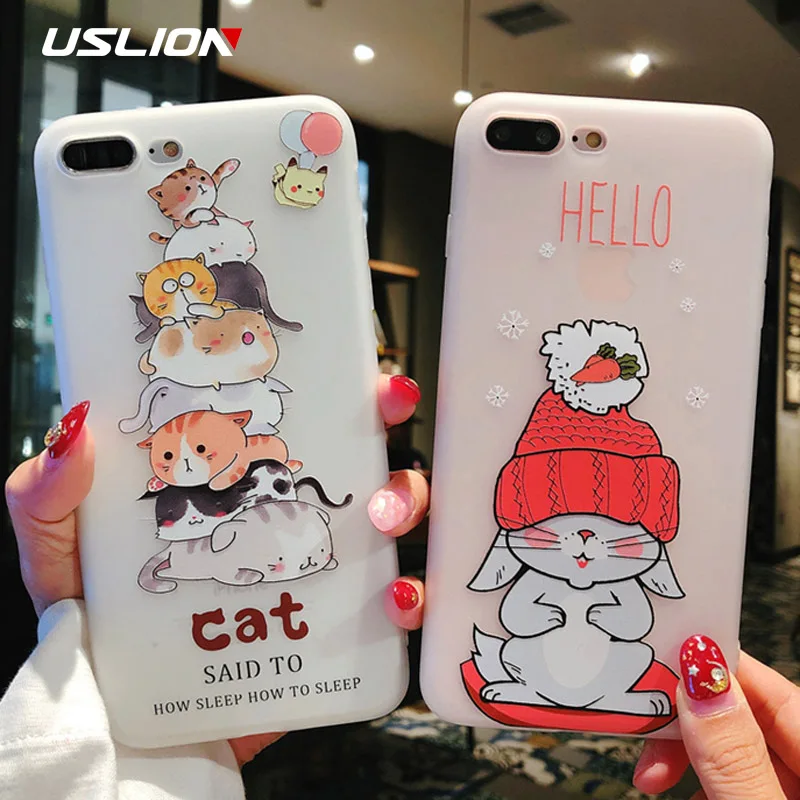 USLION 3D Relief Cartoon Case For iPhone XR XS MAX X 8 Plus Elephant Rabbit Soft Silicone Cover 7 6 6s Cases |