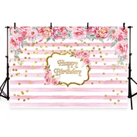 7x5 happy birthday backdrops pink white stripes blooming flowers with gold text backgrounds for photo studio photographic props