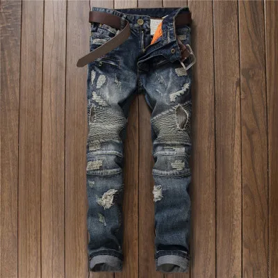 550-7 Blue Новое поступление осень Горячая Распродажа distressed рваные джинсы для мужчин Байкер лоскутное плиссированные прямые полной длины джинсовые - Цвет: 550-7 Blue