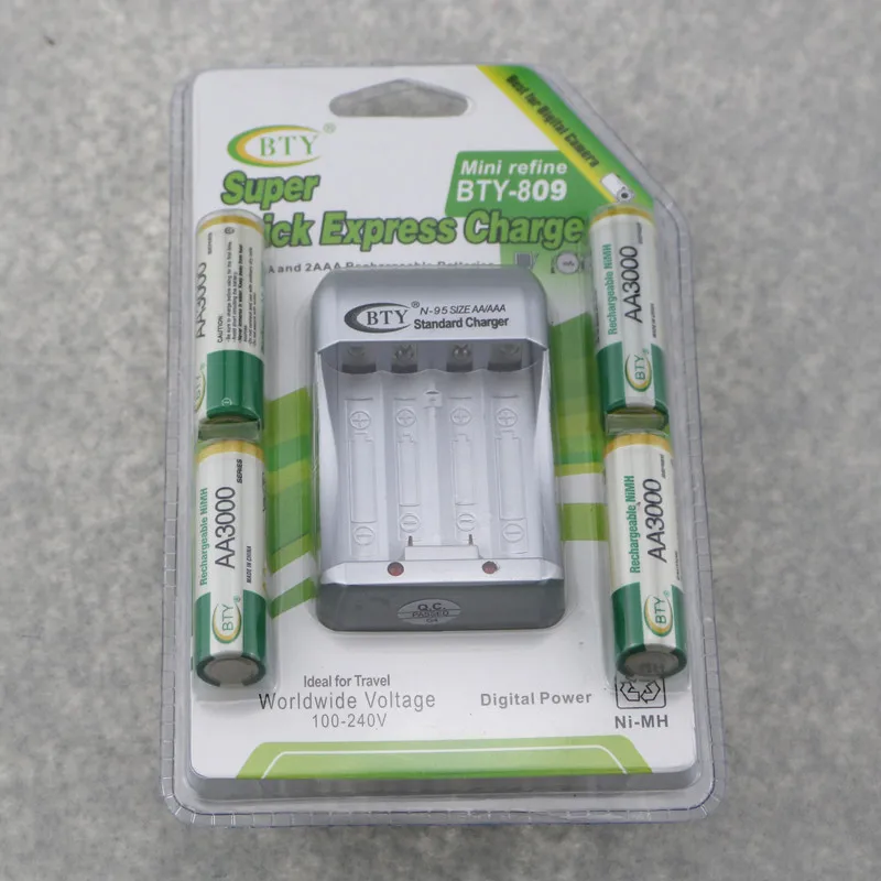 BTY 1 2 V 4*3000mah AA Аккумуляторная Ni MH батарея + 809 AA/AAA зарядное устройство с упаковочным