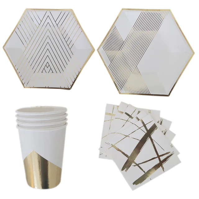 white set 4pcs Полосы из золотистой фольги точка одноразовые столовые приборы бумажные тарелки для вечеринки чашки, ребенок, душ бумага для питья соломинки свадебные принадлежности - Цвет: white set 4pcs
