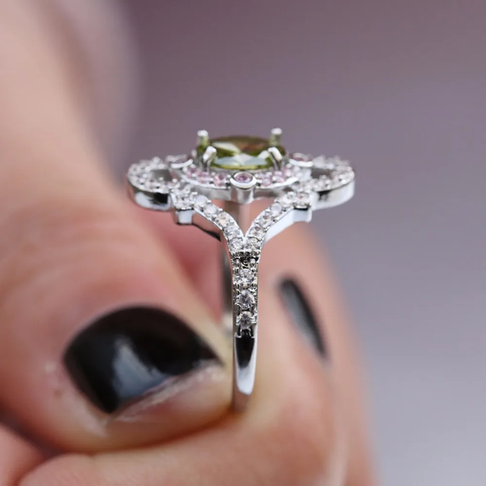 Female Gold Plating Oval Double Colors Green Yellow Zircon Big Flower Surface Ring Full Rhinestone Wedding Engagement Jewelry | Украшения и