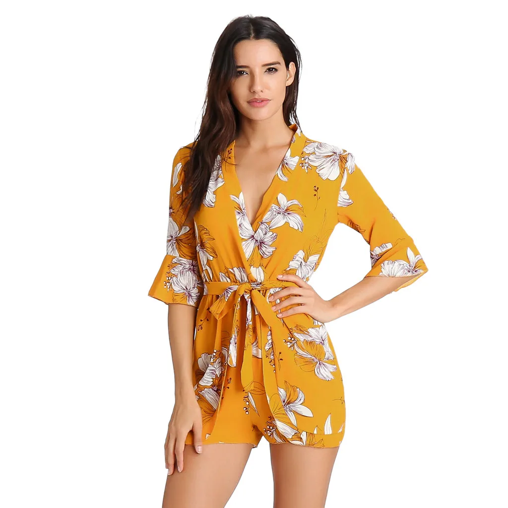Женский комбинезон с цветочным принтом летние комбинезоны v-образным вырезом и