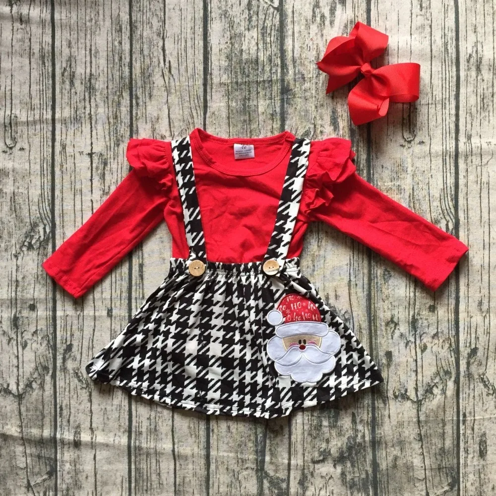 Christmas fall/winter baby girls clothes cotton red Aztec Santa halter top Button Straps dress boutique flare sleeve match bow | Мать и
