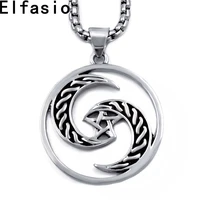 mens boys pewter pendant necklace silver crescent moon pentacle pentagram wicca pagan amulet stainless steel chain p319