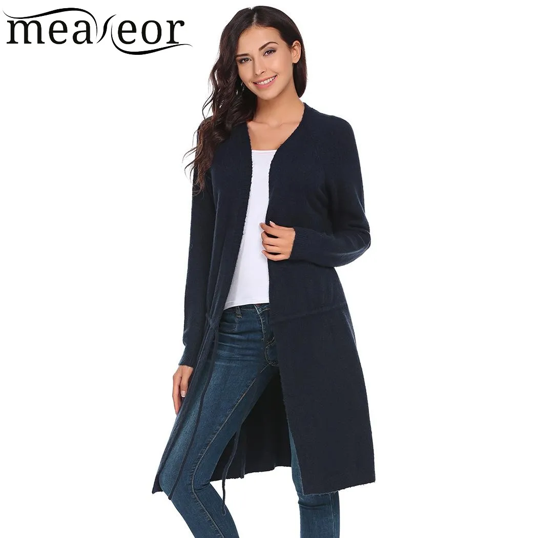 Женский Повседневный Кардиган с длинным рукавом и поясом на завязках вязаный