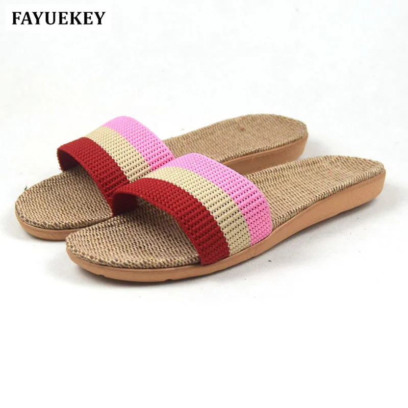 FAYUEKEY/Новые модные летние домашние льняные шлепанцы в полоску для душа Женские