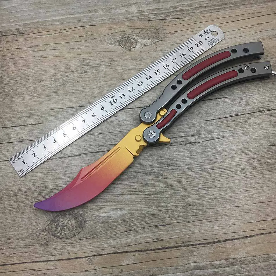 Прямая поставка бабочка в коробке для ножей CS GO Karambit нож практика складной нож бабочка нож для тренера чехол тупое лезвие без края инструмент - Цвет: Purple orange