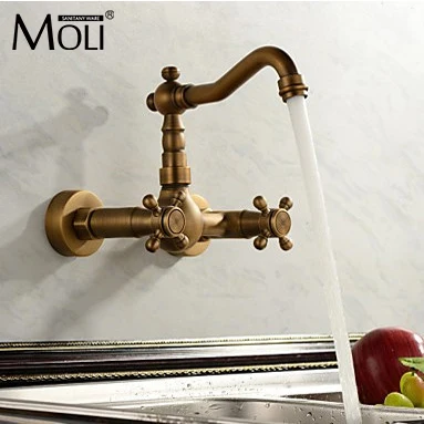 Антикварный кухонный кран настенный для холодной и горячей воды с двойной ручкой