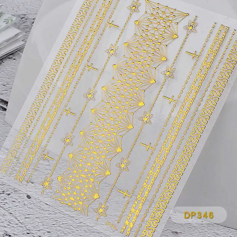 DP346 1 лист, золотые металлические цепочки, наклейки для ногтей, Смешанная волна, сердце, бант, 3d, золотой металлик, клейкая наклейка, сделай сам, маникюр, дизайн ногтей, украшения - Цвет: DP346