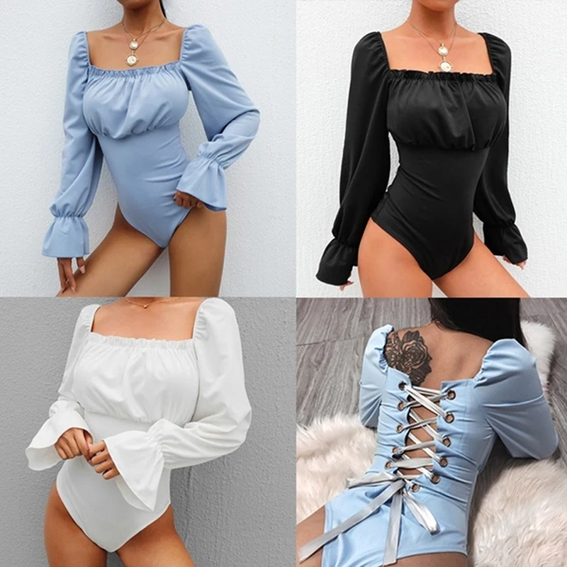 

Women Sexy Bodysuit Women Puff Sleeve Lace Up Ruffles Jumpsuit Bodysuits Long Sleeve Bandage Backless Palace Bodysuit
