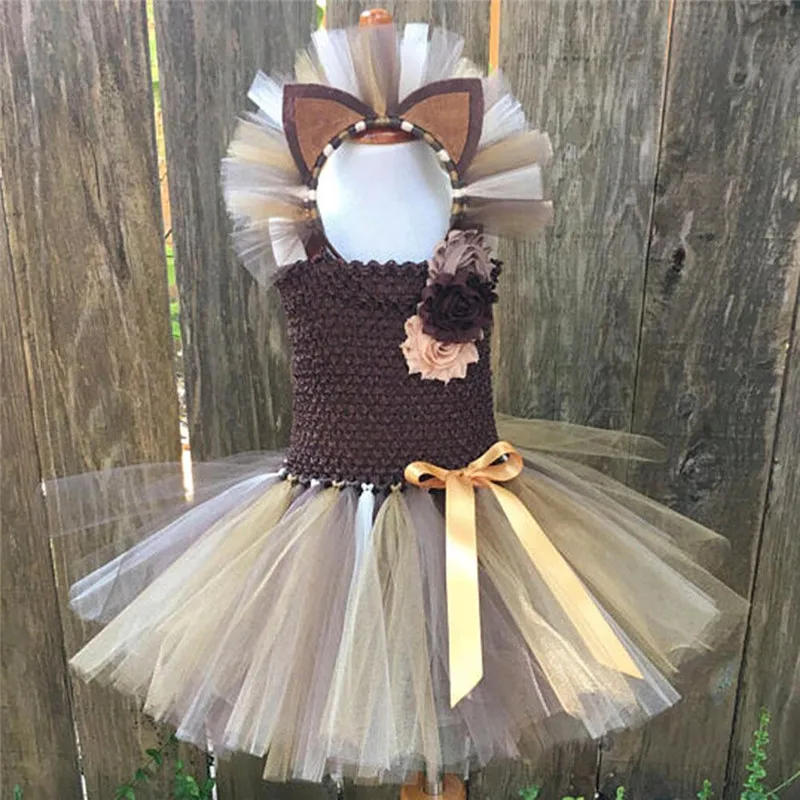 DarkBrown Dress Hair От 1 до 10 лет, коричневое платье-пачка с цветами для девочек детский маскарадный костюм с изображением Льва, нарядное платье для девочек, детское праздничное платье на Хэллоуин, день рождения - Цвет: DarkBrown Dress Hair
