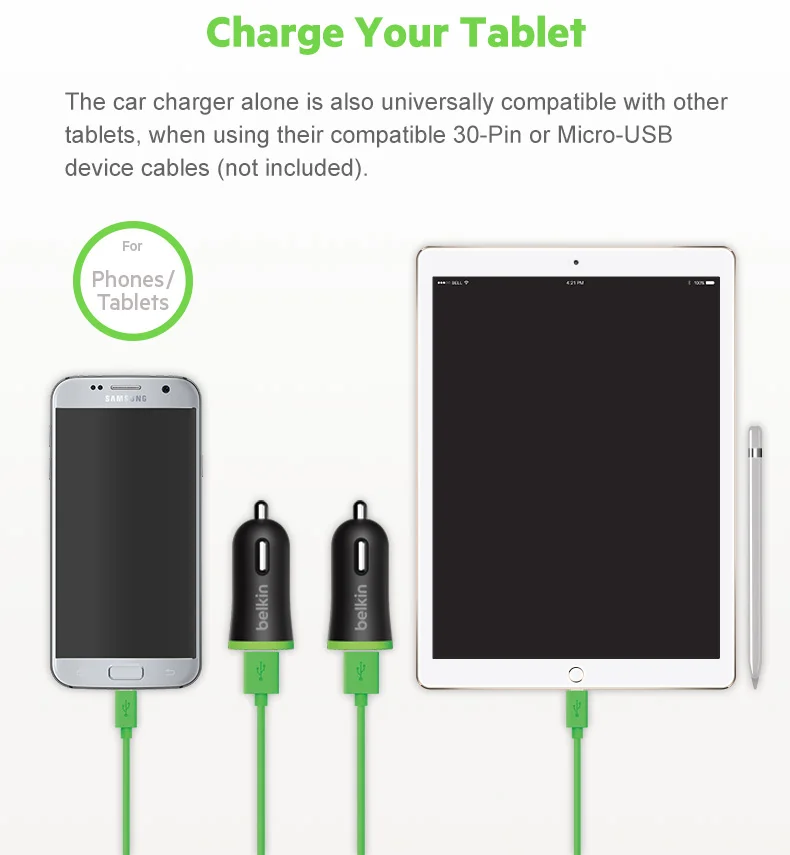 Belkin Премиум Универсальный USB Автомобильное зарядное устройство 2.1A для планшета и