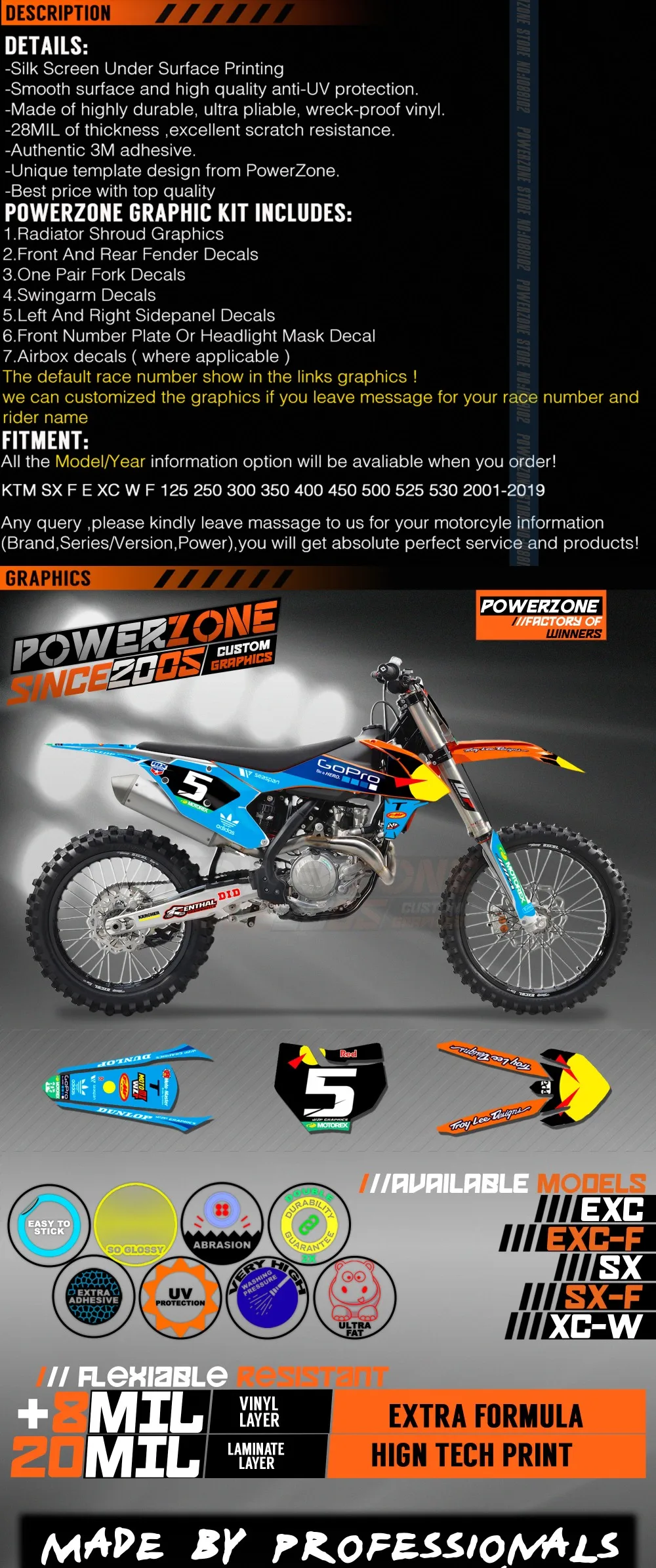PowerZone на заказ футбольной команды Графика Фоны наклейки 3м-наклейки комплект для KTM SX SXF MX EXC XCW Enduro 125cc к 500cc- 084