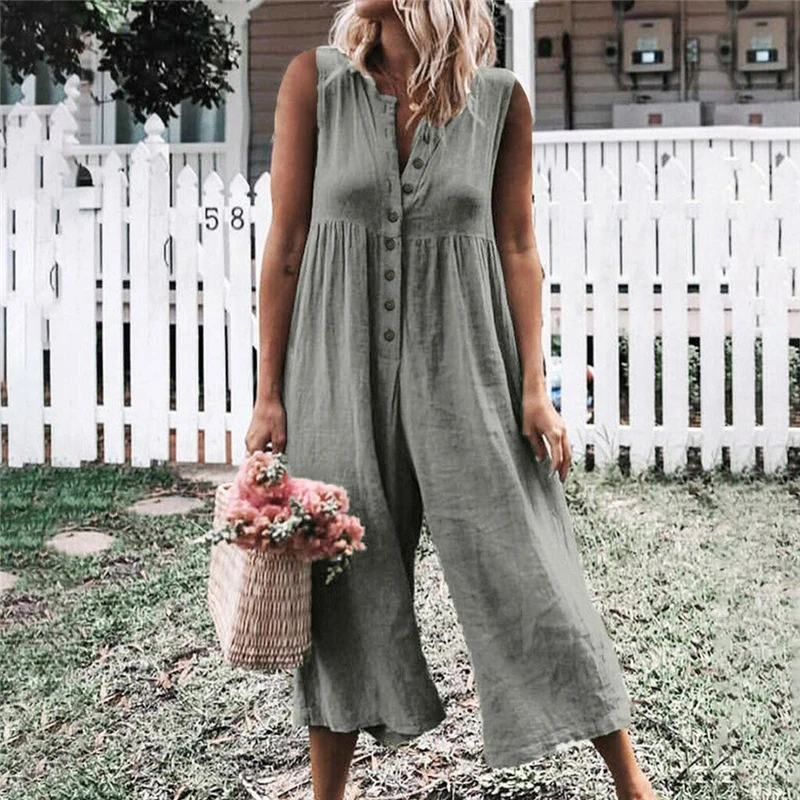 Женский комбинезон повседневный с v-образным вырезом без рукавов на пуговицах