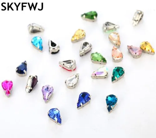 6x10 8x13мм Стеклянный кристаллический капля-камень в металлической когте с утолщением на открытом заднем борту Повязка из стразов для пришивания на платье одежды.