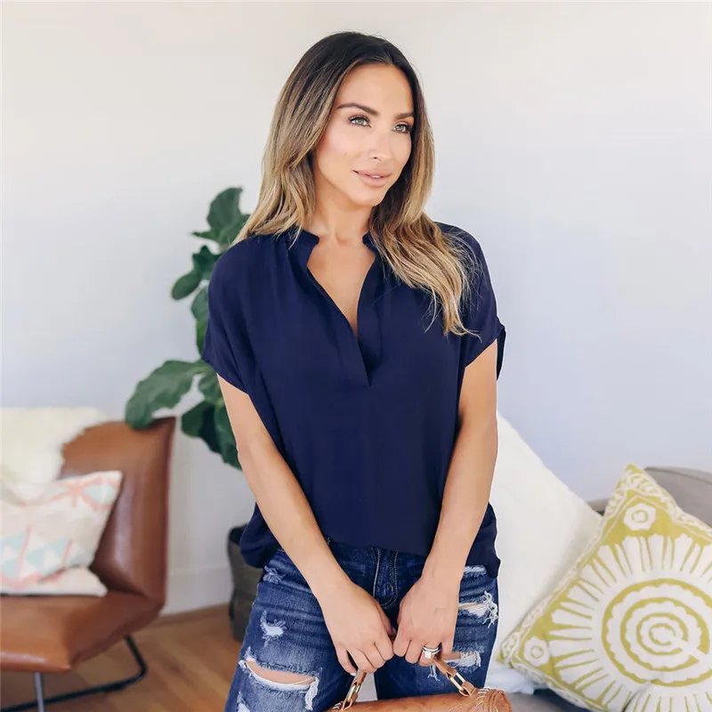 Женская шифоновая блузка с v образным вырезом повседневные однотонные топы