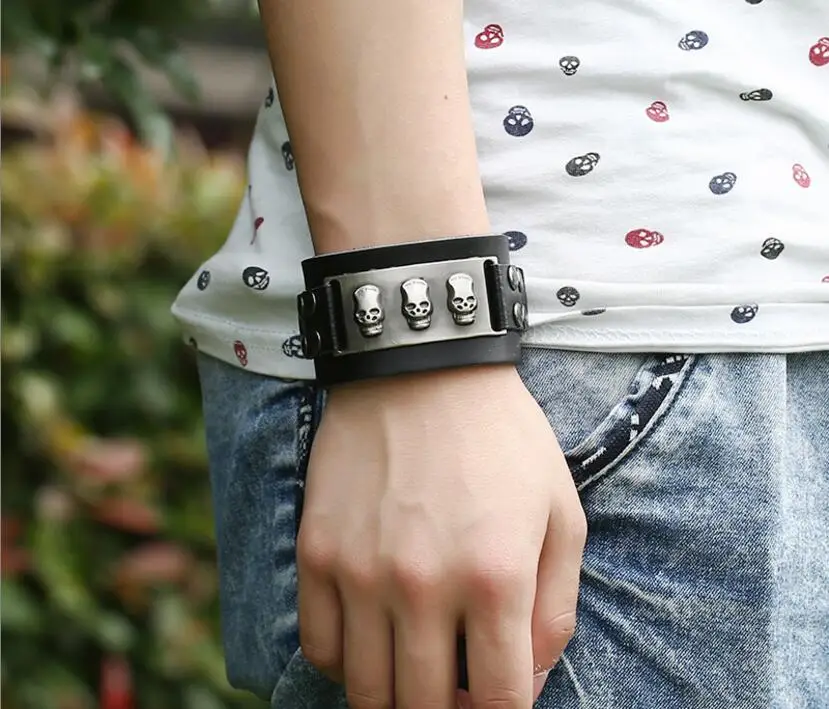 Для мужчин череп браслет 2017 в стиле панк рок Стиль широкий коричневая обертка