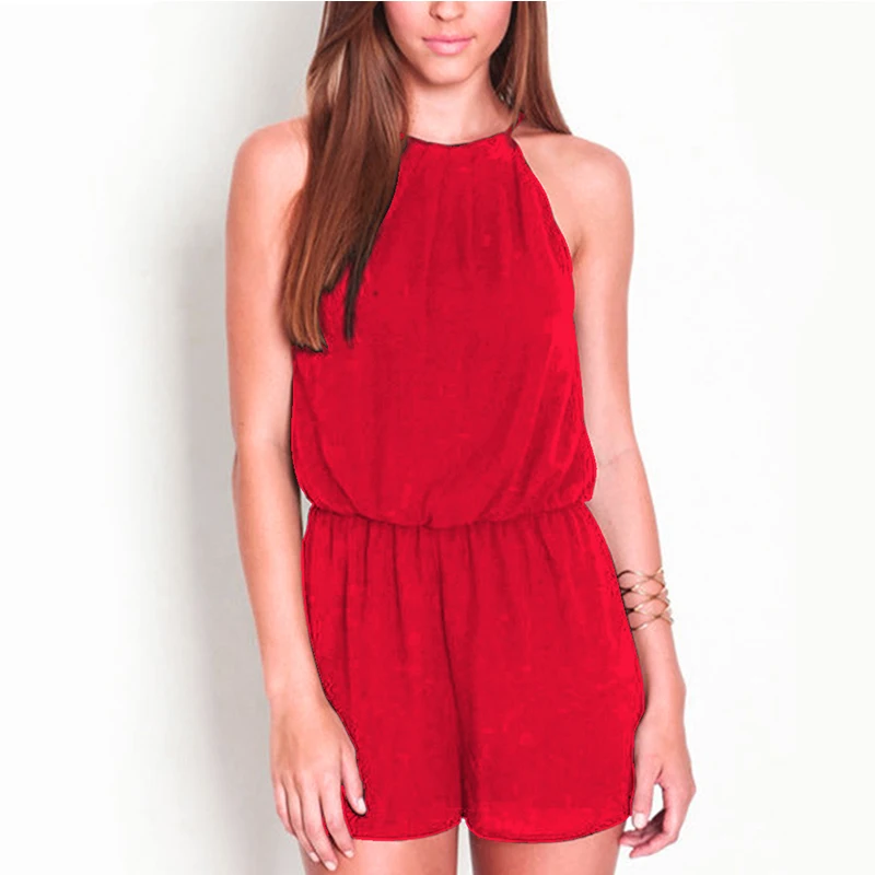 Для женщин рукавов Холтер шифон Комбинезоны капелька Повседневное чистый черный