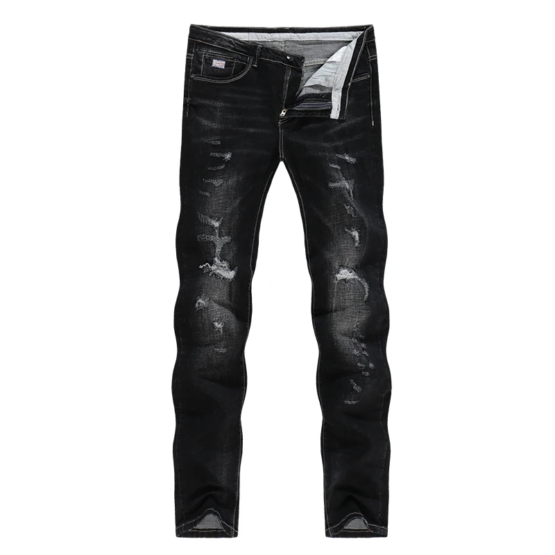 KSTUN Solid Black Jeans Men Autumn and Winter Distressed Stretch Streetwear Ripped Men Casual Pants Slim Hiphop Cowboys Trousers