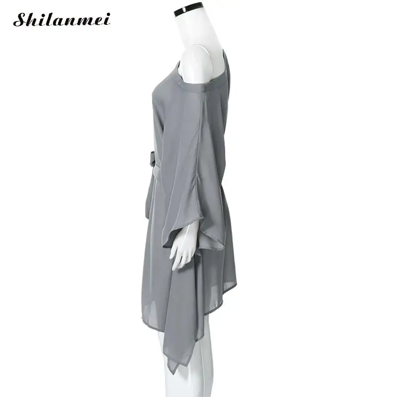 Fashion Women Chiffon Dress Spring Autumn Strapless Casual Solid Loose Batwing Sleeve Mini With Belt Irregular Beach | Женская одежда