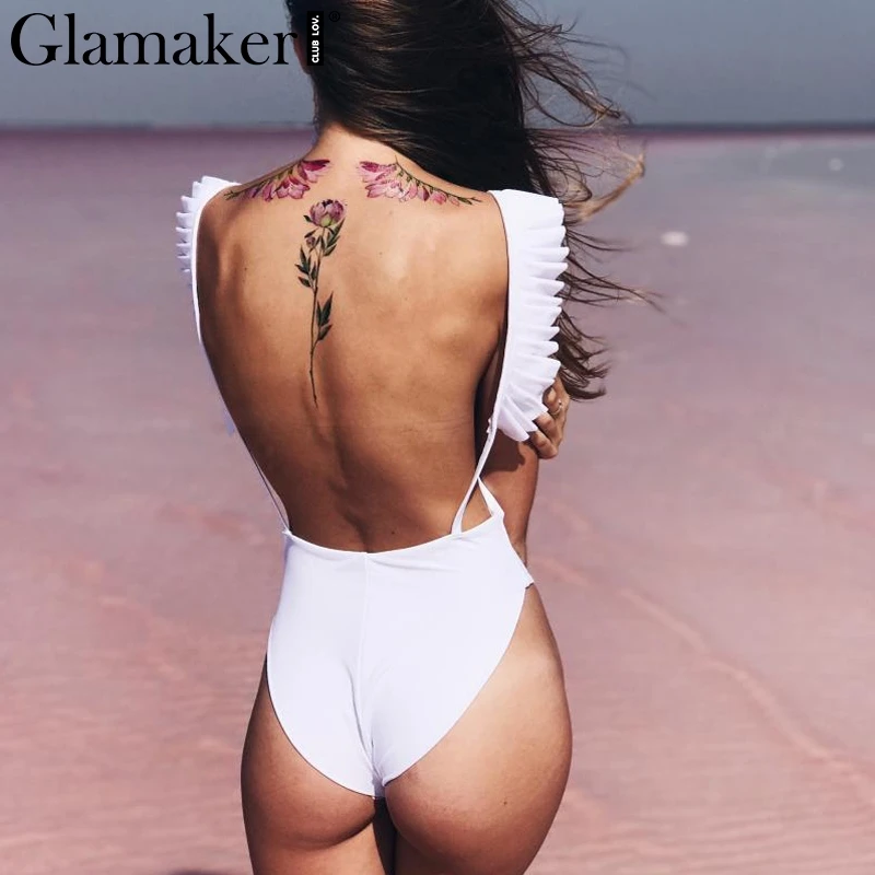 Glamaker слитный купальник с принтом фламинго боди оборками женский короткий