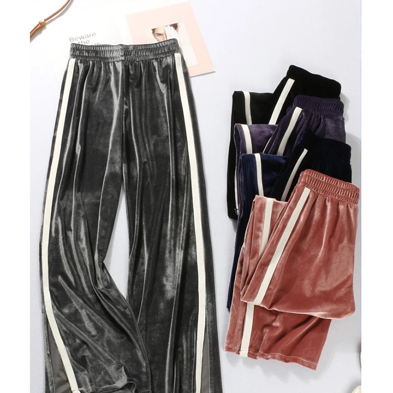 

New Spring Autumn Slim Loose Pleuche wide leg pants Women Side Stripe high waist pants Open fork Panelled Spliced trousers Mw604