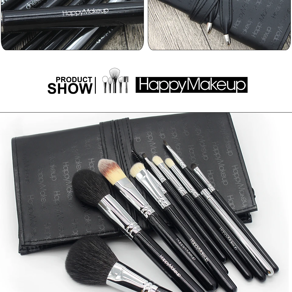 HAPPY MAKEUP Профессиональный набор кистей для макияжа из натурального козьего волоса, медный наконечник, пудра, Базовая кисть для теней, 10 шт. в комплекте, мешочек