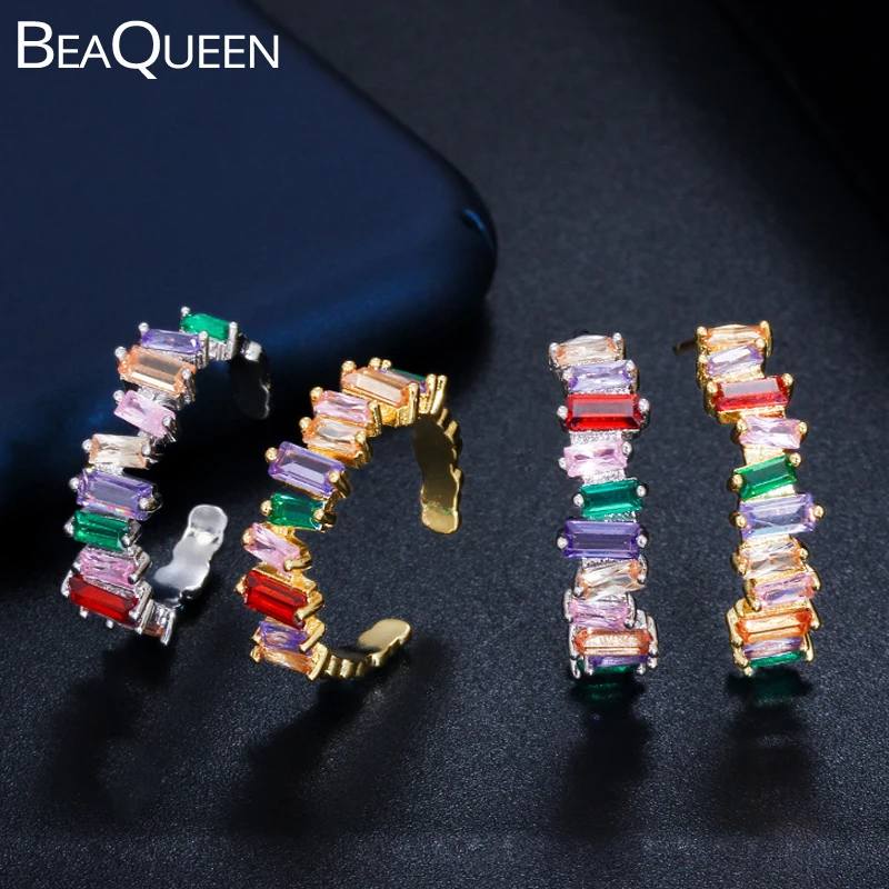 BeaQueen New Irregular Baguette Cubic Zirconia Rainbow Crystal Chic Hoop Earrings Rings Multicolor Jewelry Sets for Women JS201 | Украшения