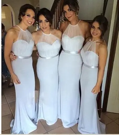 Simple Mermaid Pleated Sleeveless Bridesmaid Dress 2016 New Halter Satin Floor Length Fitted Gowns with Sash | Свадьбы и торжества