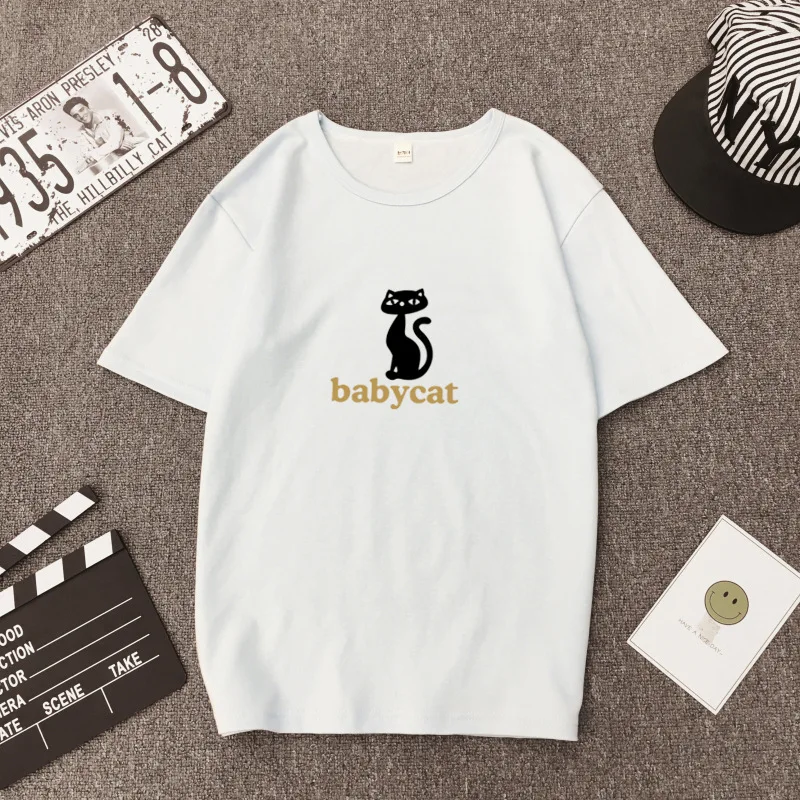 

Женская белая футболка Harajuku с рисунком кота из мультфильма, хлопковая Милая футболка с круглым вырезом, Повседневная футболка с короткими р...