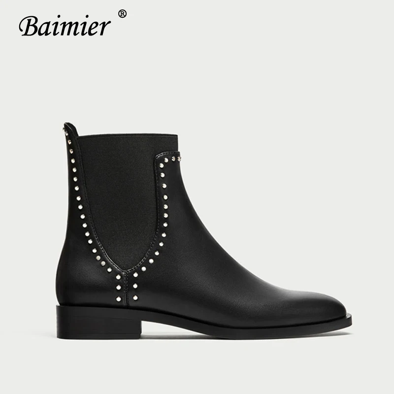 Black Boots Baimier/ осенние женские ботильоны с заклепками; модные женские ботинки «Челси» без шнуровки; женские мотоботы с квадратным носком на низком каблуке - Цвет: Black Boots