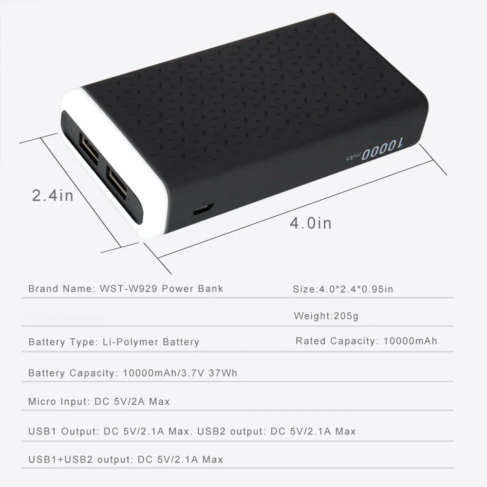 KISSCASE 10000 мАч зарядное устройство Внешний аккумулятор 2 USB порта для фонарика