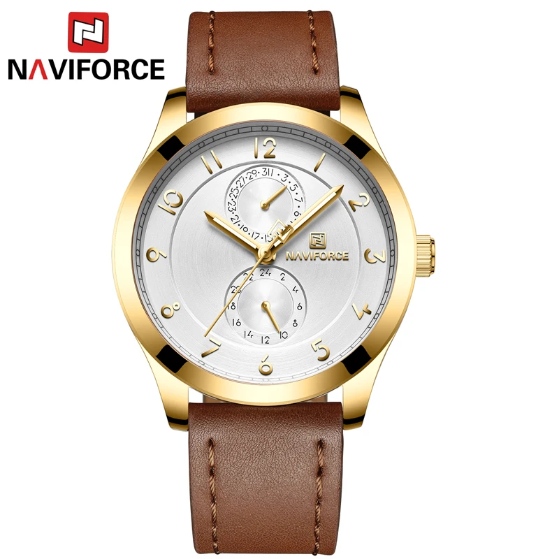 NAVIFORCE Топ люксовый бренд золото нержавеющая сталь Чехол кожаный ремешок Часы