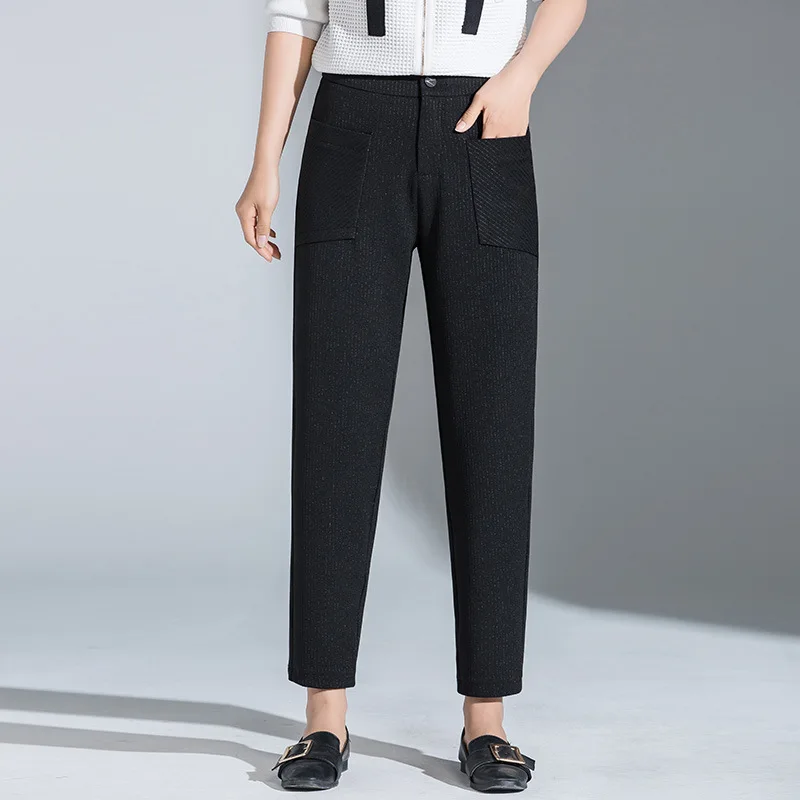 Новинка весны, Женские однотонные черные штаны-шаровары со средней талией в Корейском стиле, женские штаны для отдыха с передними карманами