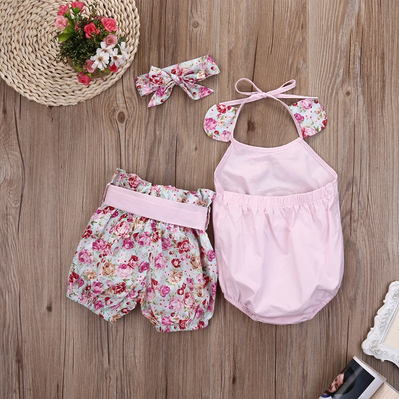 2017 Fashion Cute Baby Girls Sets Sleeveless O-Neck Covered Button Solid Floral Print Romper Tops Short Pant Headband 3PCS 0-24M | Мать и