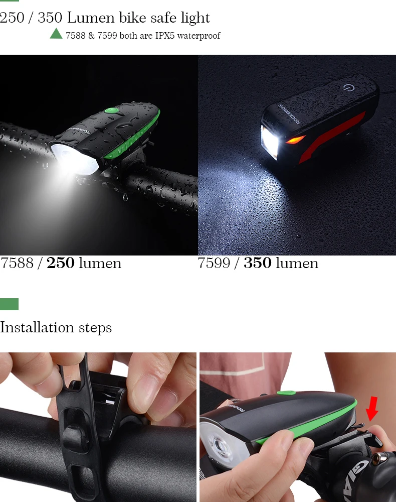 ROCKBROS Rechargeable2 в 1 велосипедный светильник, велосипедный звонок, 350 люмен, USB, MTB велосипедный передний светильник, электрический звонок, мигающий светильник, водонепроницаемый