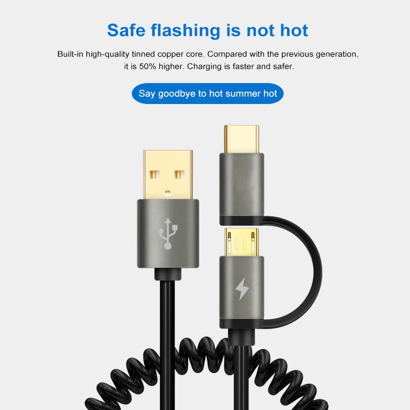 Пружинный кабель типа C Micro usb 2 в 1 кабель для быстрой зарядки для samsung Xiaomi huawei USB C 2 в 1 шнур выдвижной Microusb кабель