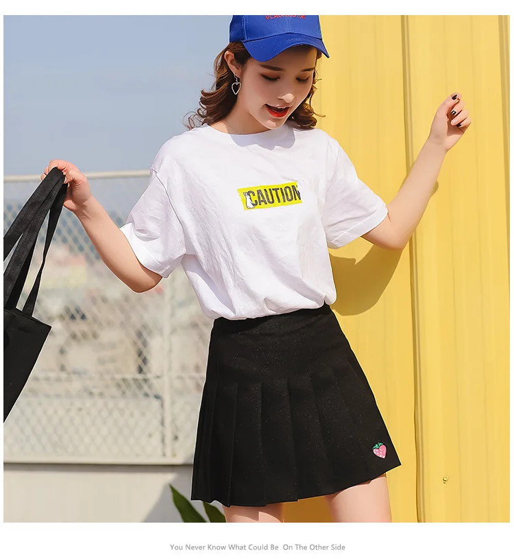 XS-XXL, 5 цветов, летняя новинка, трапециевидная женская юбка, высокая талия, Клубничная вышивка, плиссированная юбка, женские безопасные штаны, мини-юбка - Цвет: Черный