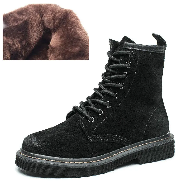 Black With Fur Женские Ботинки martin в британском стиле на низком каблуке; сезон осень-зима женские кожаные ботинки-трубы женские мотоциклетные ботинки - Цвет: Black With Fur