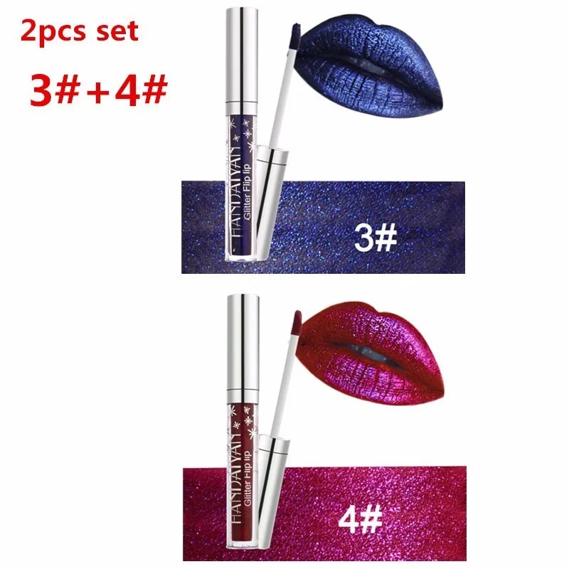 2pcs 3a4 HANDAIYAN Блестящий Блеск для губ с изображениями искрящихся влажным блеском помада блеск Губная помада блеск Флип губная помада с блестками Водонепроницаемый Макияж для губ 7/2 шт - Цвет: 2pcs 3a4