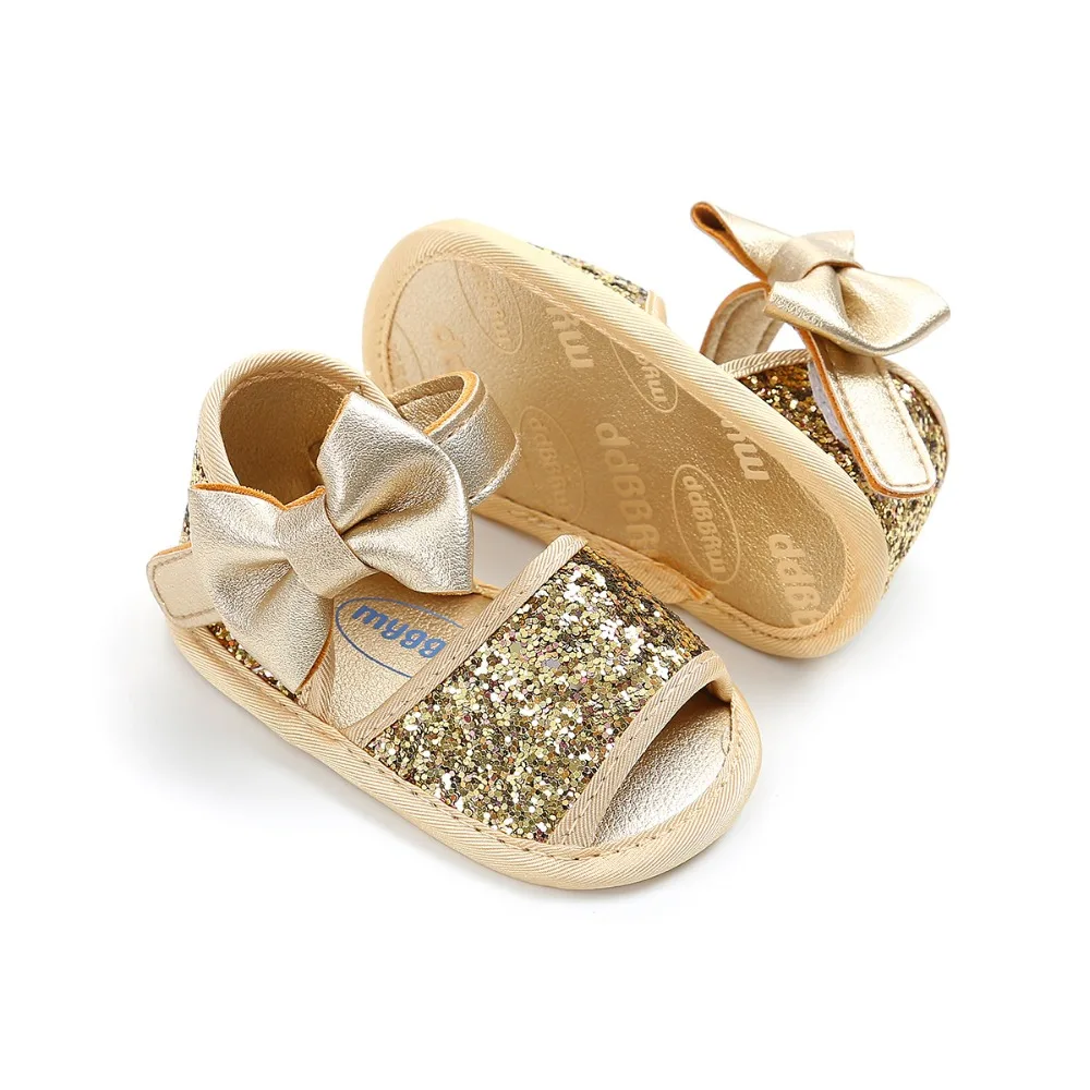 Brand Summer Sequin Bow Girls sandals PU Leather Princess sandals Gift baby moccasins Anti-slip Baby infant sandals
