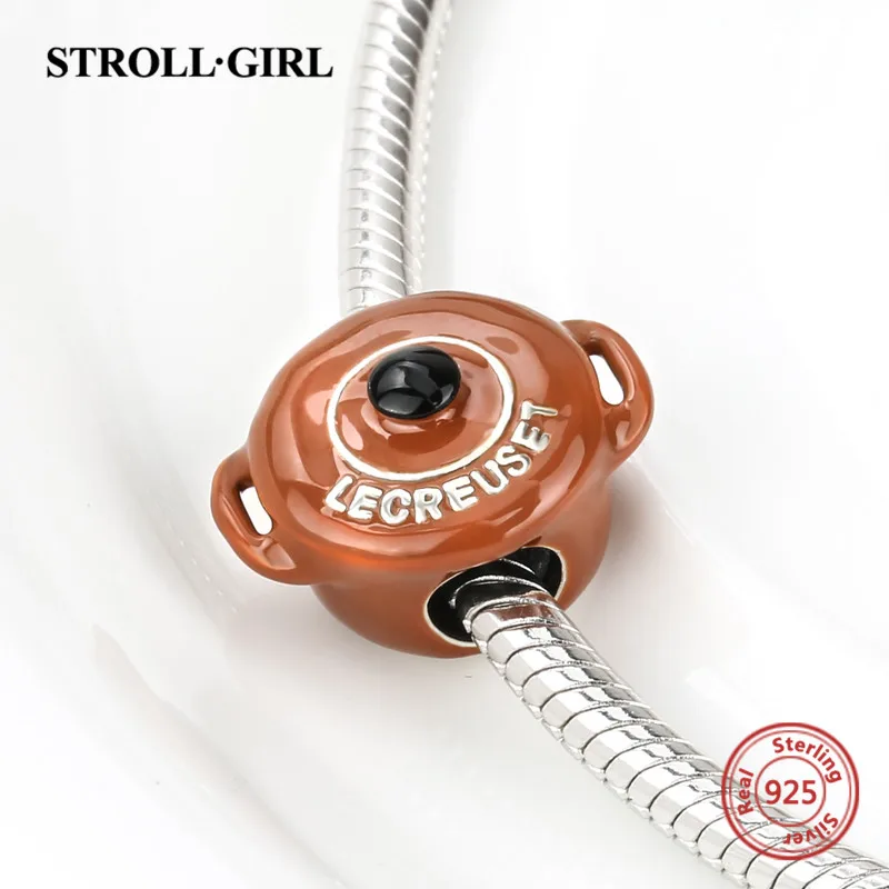 Strollgirl 925 Серебряный коричневые Эмали Запеканка горшок Бусины европейские антикварные Талисманы Fit браслет Pandora DIY Jewelry подарки