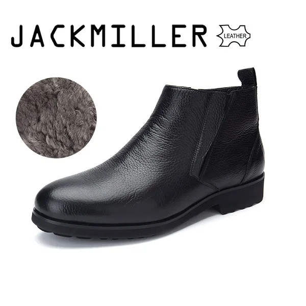 Jackmiller/Лидирующий бренд; зимние мужские ботинки из коровьей кожи; мужские ботинки с шерстяной подкладкой; красивые и теплые слипоны; Легко надеваются; Цвет Черный - Цвет: BLACK