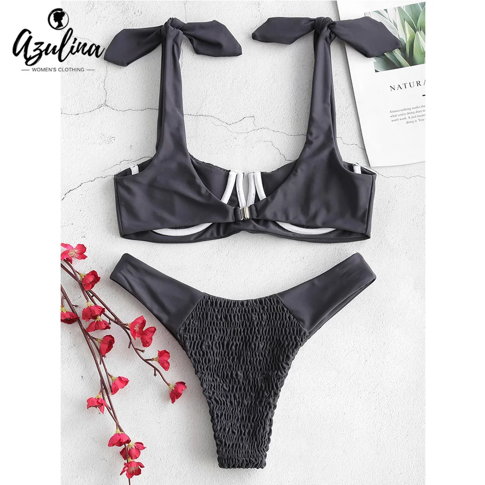 ZAFUL Shirred Underwire Bikini V Cut Bikini Set Scoop Neck Unlined Bikinis Mujer Sexy Thong Swimsuit Women Biquini