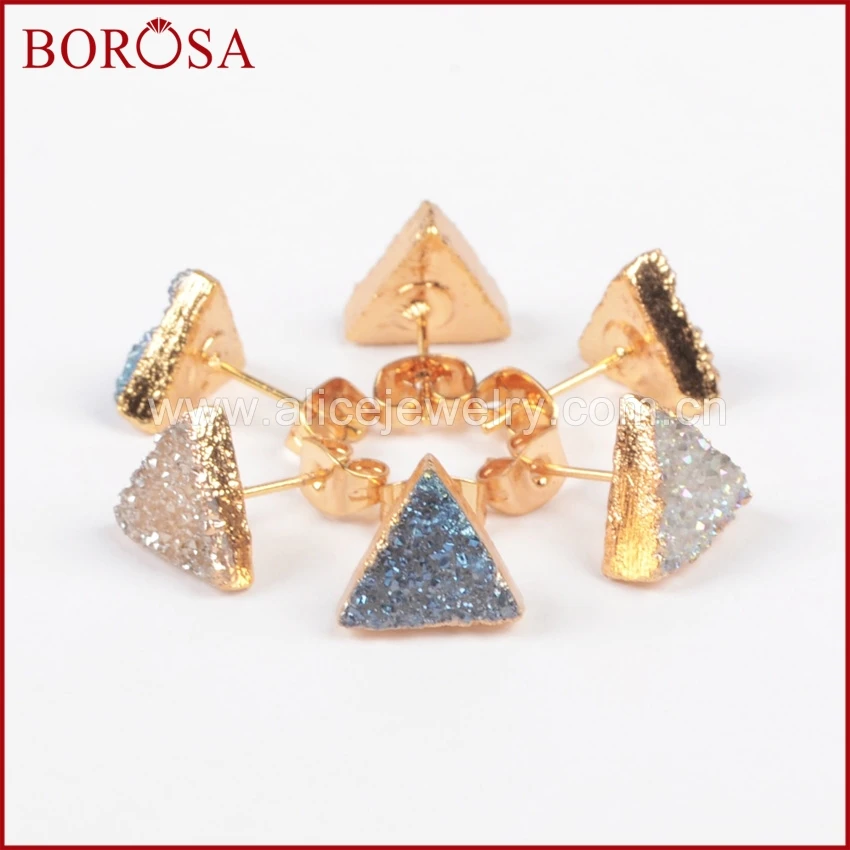 

BOROSA 5pcs New Design Gold Color Triangle Natural Crystal Druzy Titanium Transparent mIX Color Druzy Stud Earrings G0915